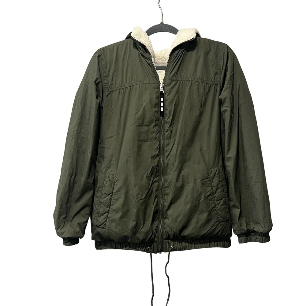 UGG RTW Reversible Jacket Women XS Olive Green Faux Fur Hooded Nylon Soft